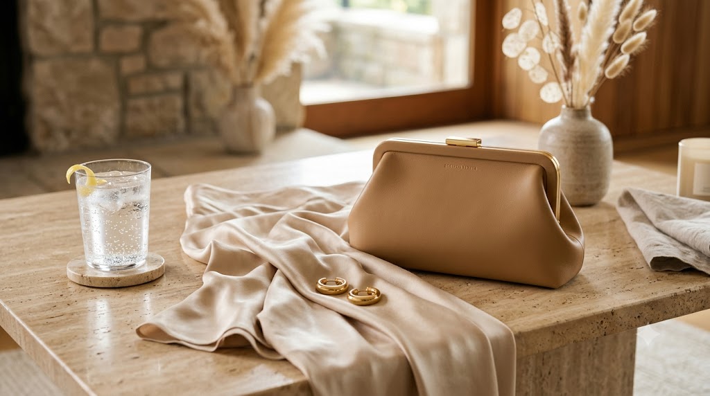 Tan Leather Frame Clutch & Pleated Silk Midi Skirt Assembly